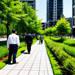 A diverse group of city dwellers, fully clothed in professional yet comfortable modest attire, are enjoying a lush, verdant urban park on a sunny day. The scene features modern "vertical forest" buildings in the background, with greenery integrated into the architecture. People are walking on permeable pathways, surrounded by tall trees providing shade and well-maintained green spaces. A small, beautifully designed rain garden with native plants is visible in the foreground. The atmosphere is serene and cool, highlighting urban cooling through natural elements. fully clothed, modest attire, safe for work, appropriate content, family-friendly, perfect anatomy, correct proportions, natural pose, well-formed hands, proper finger count, natural body proportions, professional photography, high quality.