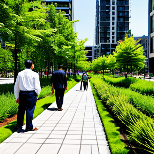A diverse group of city dwellers, fully clothed in professional yet comfortable modest attire, are enjoying a lush, verdant urban park on a sunny day. The scene features modern "vertical forest" buildings in the background, with greenery integrated into the architecture. People are walking on permeable pathways, surrounded by tall trees providing shade and well-maintained green spaces. A small, beautifully designed rain garden with native plants is visible in the foreground. The atmosphere is serene and cool, highlighting urban cooling through natural elements. fully clothed, modest attire, safe for work, appropriate content, family-friendly, perfect anatomy, correct proportions, natural pose, well-formed hands, proper finger count, natural body proportions, professional photography, high quality.