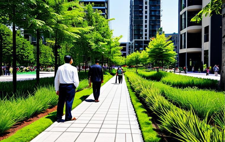 A diverse group of city dwellers, fully clothed in professional yet comfortable modest attire, are enjoying a lush, verdant urban park on a sunny day. The scene features modern "vertical forest" buildings in the background, with greenery integrated into the architecture. People are walking on permeable pathways, surrounded by tall trees providing shade and well-maintained green spaces. A small, beautifully designed rain garden with native plants is visible in the foreground. The atmosphere is serene and cool, highlighting urban cooling through natural elements. fully clothed, modest attire, safe for work, appropriate content, family-friendly, perfect anatomy, correct proportions, natural pose, well-formed hands, proper finger count, natural body proportions, professional photography, high quality.