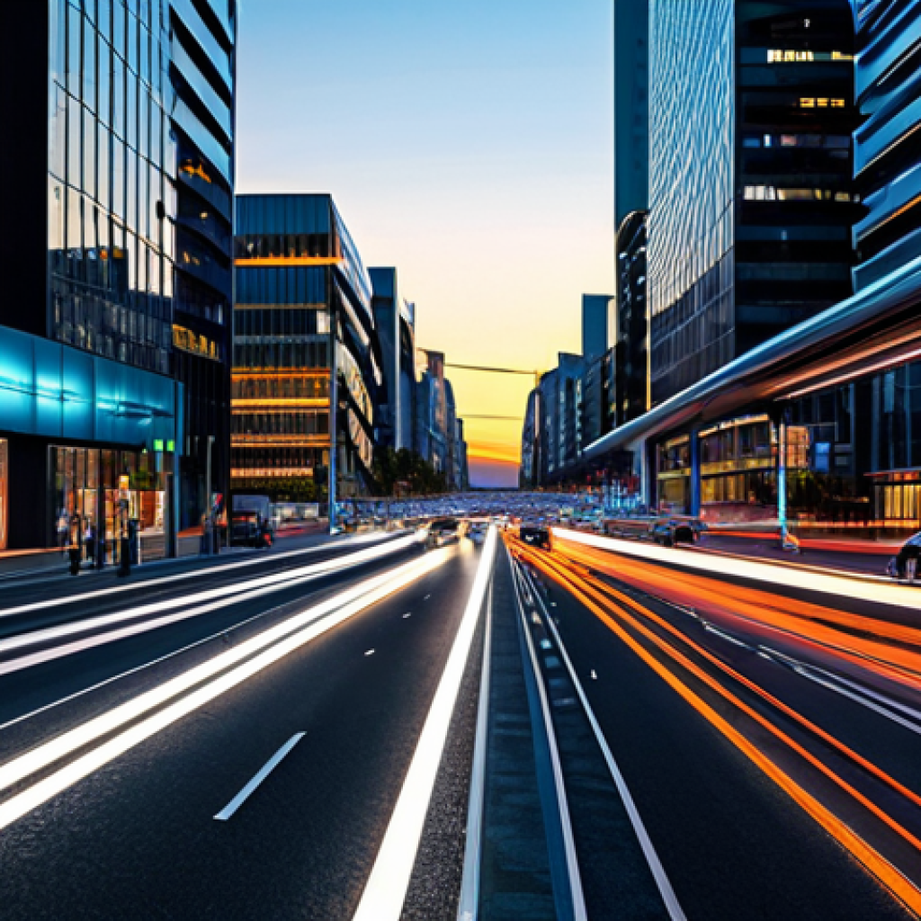 스마트도시 데이터 거버넌스 - **Smart Traffic Management:** A futuristic cityscape at dusk. Self-driving cars flow smoothly along ...