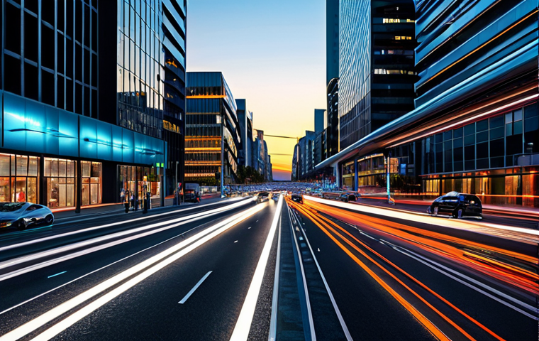 스마트도시 데이터 거버넌스 - **Smart Traffic Management:** A futuristic cityscape at dusk. Self-driving cars flow smoothly along ...