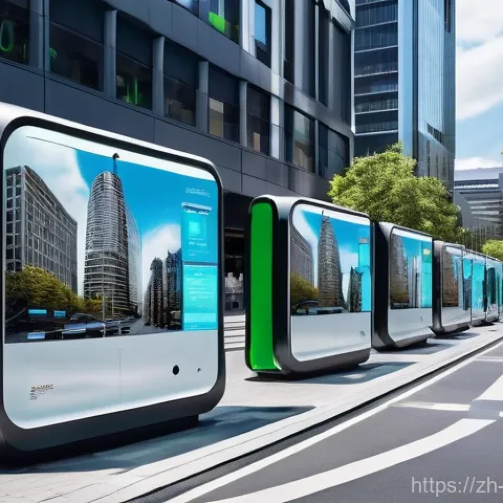 국제 도시계획 사례 - A bustling, futuristic smart city street scene during the day. Advanced AI-controlled traffic lights...