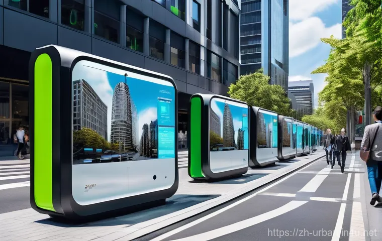 국제 도시계획 사례 - A bustling, futuristic smart city street scene during the day. Advanced AI-controlled traffic lights...