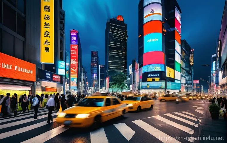 도시 주거 밀도 분석 - **Prompt**: A vibrant and dynamic street scene in a modern, high-density East Asian metropolis durin...