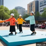 공공디자인 개념 - A vibrant urban community square in a modern Chinese city during late afternoon, featuring diverse a...