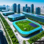 도시 및 지역경제 연계 - A vibrant high-tech urban innovation park bustling with activity, featuring modern glass office buil...