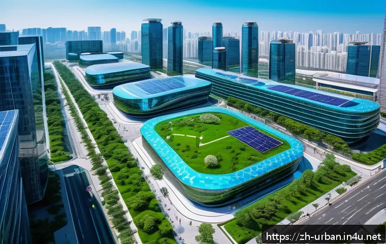 도시 및 지역경제 연계 - A vibrant high-tech urban innovation park bustling with activity, featuring modern glass office buil...