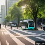 도시 교통계획 - A futuristic urban street scene showcasing a smart traffic system at dusk, featuring AI-powered traf...