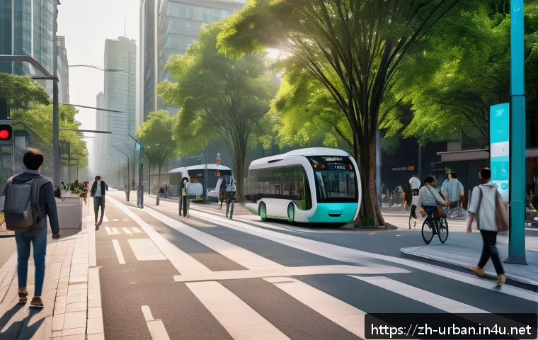 도시 교통계획 - A futuristic urban street scene showcasing a smart traffic system at dusk, featuring AI-powered traf...