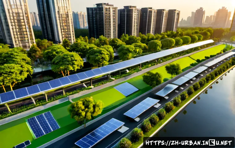 지속가능 도시개발 - Photorealistic aerial view of a sustainable modern city district at sunrise, green-roofed apartment ...