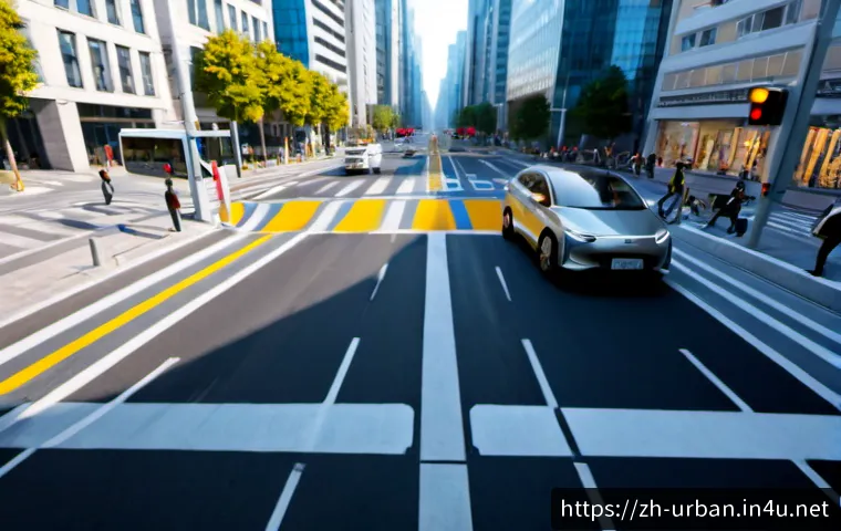 도시인공지능 AI  활용 - Photorealistic smart city intersection at morning rush hour, diverse pedestrians safely crossing whi...