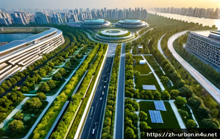 미래형 도시계획 기술 - Photorealistic aerial view of a future-oriented urban planning district, green rooftops, solar-panel...