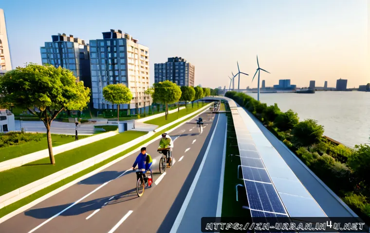 도시 신재생에너지 적용 - Photorealistic modern city district powered by renewable energy, rooftop solar panels on apartment b...
