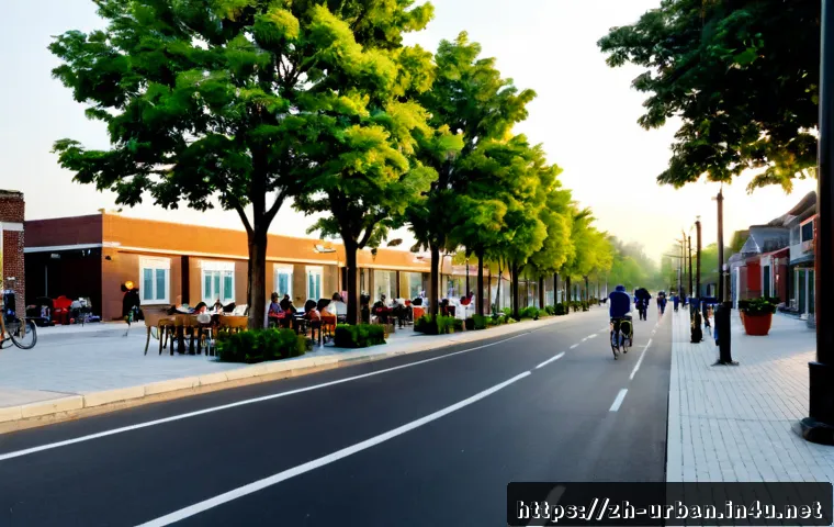 뉴어버니즘 New Urbanism - Photorealistic street-level view of a New Urbanism neighborhood, walkable tree-lined avenue with low...
