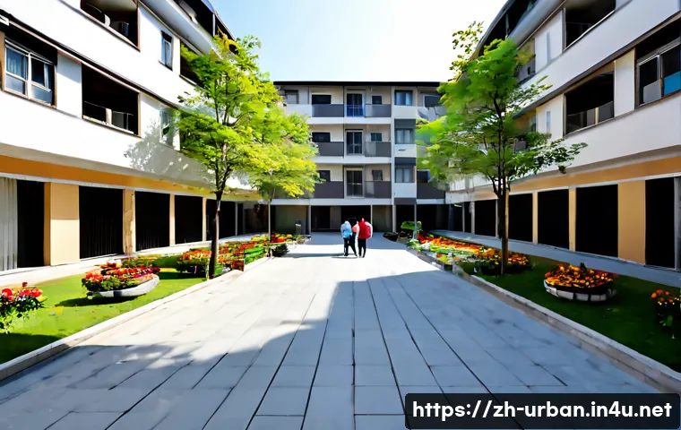 주거환경개선 사업 - Photorealistic wide-angle view of a renovated urban residential courtyard, freshly painted low-rise ...